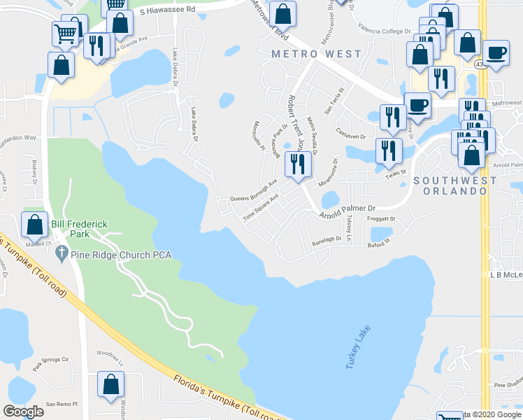 map of restaurants, bars, coffee shops, grocery stores, and more near 3383 Westchester Square Boulevard in Orlando