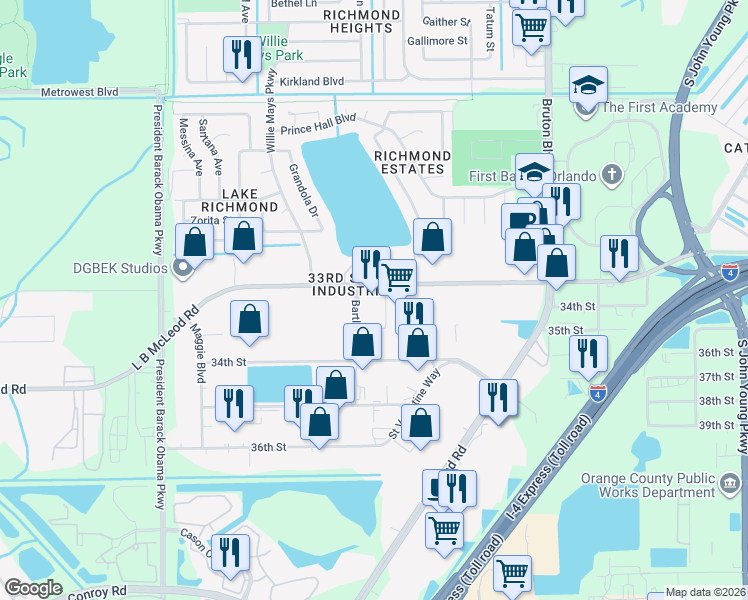 map of restaurants, bars, coffee shops, grocery stores, and more near 3301 Bartlett Blvd in Orlando