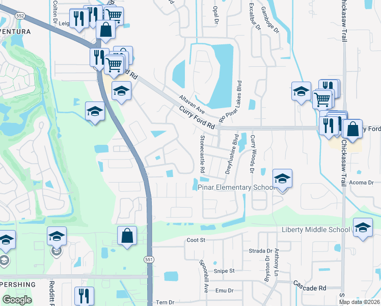 map of restaurants, bars, coffee shops, grocery stores, and more near 7777 Pine Fork Drive in Orlando