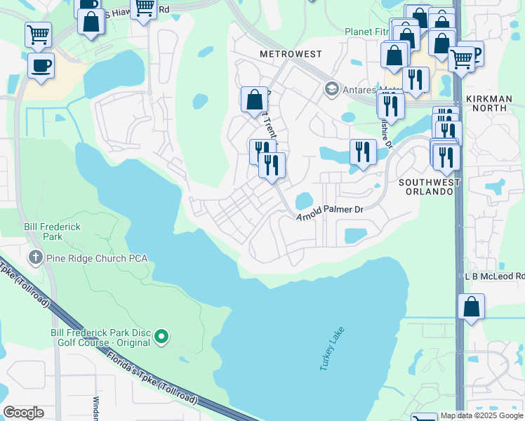 map of restaurants, bars, coffee shops, grocery stores, and more near 3396 Parkchester Square Boulevard in Orlando