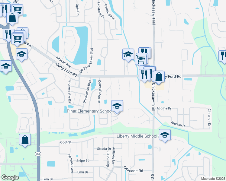map of restaurants, bars, coffee shops, grocery stores, and more near 3007 Autumn Run Court in Orlando