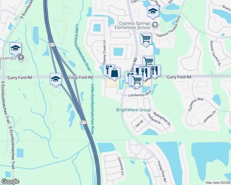 map of restaurants, bars, coffee shops, grocery stores, and more near 9917 Hidden River Drive in Orlando