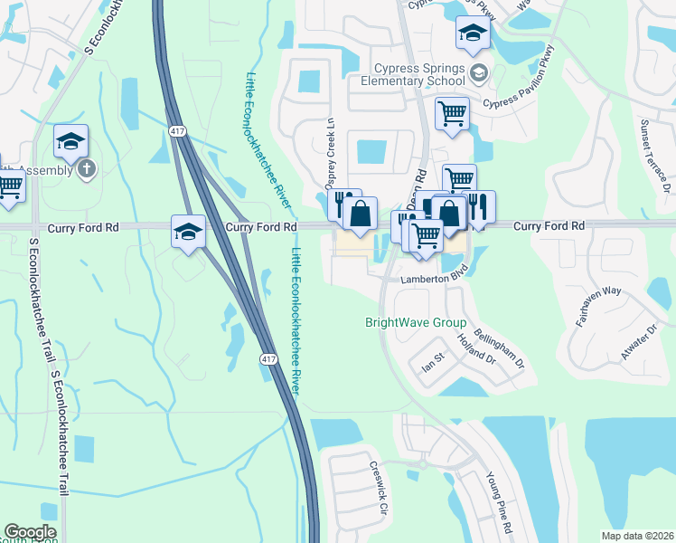 map of restaurants, bars, coffee shops, grocery stores, and more near 9917 Hidden River Drive in Orlando