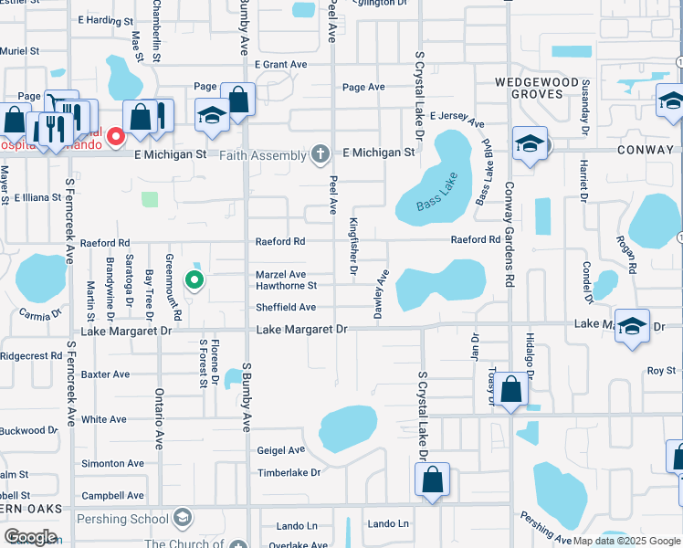 map of restaurants, bars, coffee shops, grocery stores, and more near 2830 Hawthorne Street in Orlando