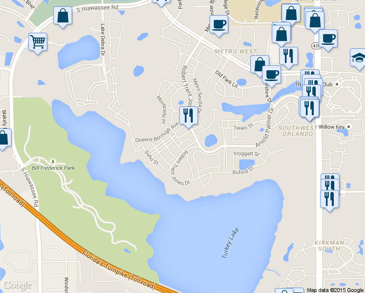 map of restaurants, bars, coffee shops, grocery stores, and more near 3396 Parkchester Square Boulevard in Orlando