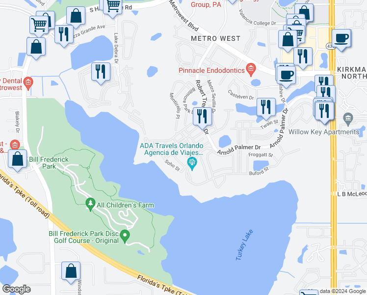 map of restaurants, bars, coffee shops, grocery stores, and more near 3383 Westchester Square Boulevard in Orlando