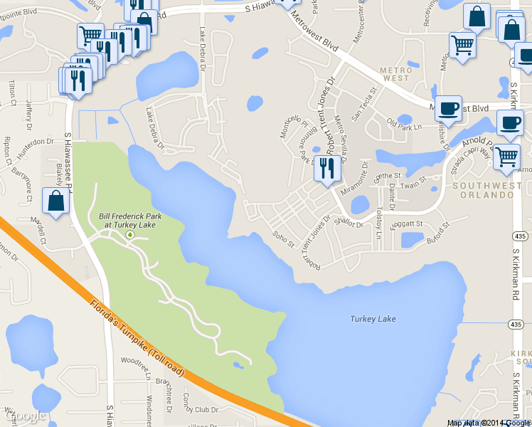 map of restaurants, bars, coffee shops, grocery stores, and more near 3406 Soho Street in Orlando