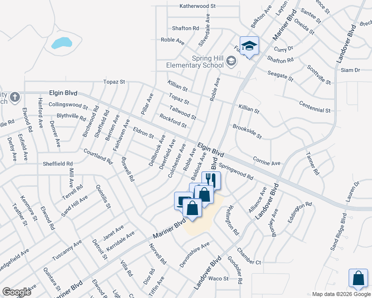 map of restaurants, bars, coffee shops, grocery stores, and more near 5259 Roble Avenue in Spring Hill