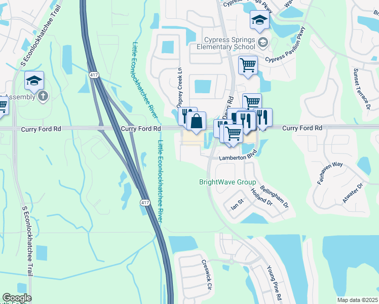 map of restaurants, bars, coffee shops, grocery stores, and more near 10006 Curry Ford Road in Orlando