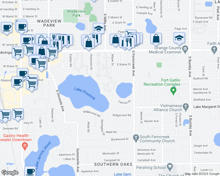 map of restaurants, bars, coffee shops, grocery stores, and more near 1263 Lake Willisara Circle in Orlando