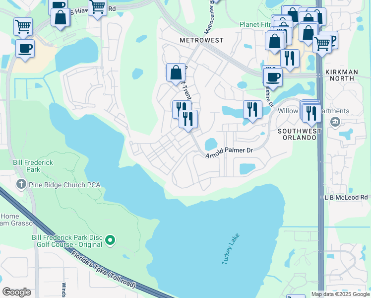 map of restaurants, bars, coffee shops, grocery stores, and more near 6400 Time Square Avenue in Orlando