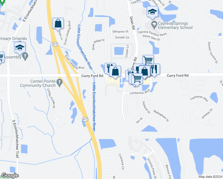 map of restaurants, bars, coffee shops, grocery stores, and more near 10006 Curry Ford Road in Orlando