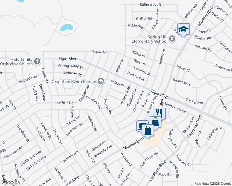 map of restaurants, bars, coffee shops, grocery stores, and more near 12033 Cradock Street in Spring Hill
