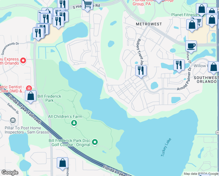 map of restaurants, bars, coffee shops, grocery stores, and more near 3280 Soho Street in Orlando