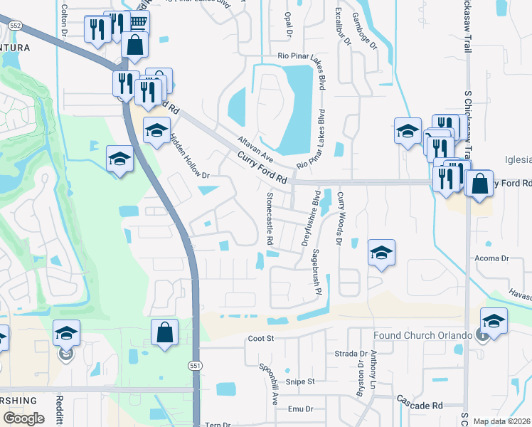 map of restaurants, bars, coffee shops, grocery stores, and more near 3030 Maybry Lane in Orlando