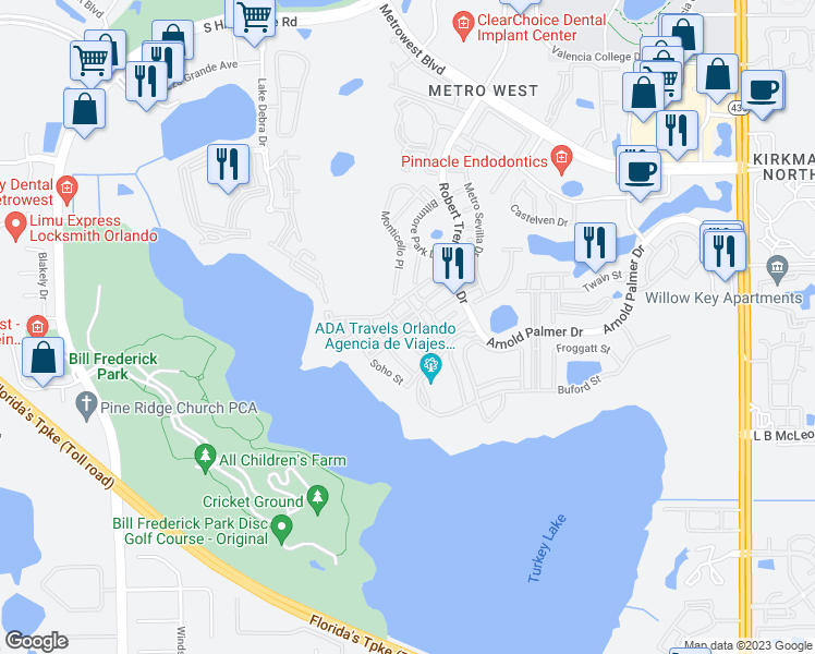 map of restaurants, bars, coffee shops, grocery stores, and more near 6592 Time Square Avenue in Orlando