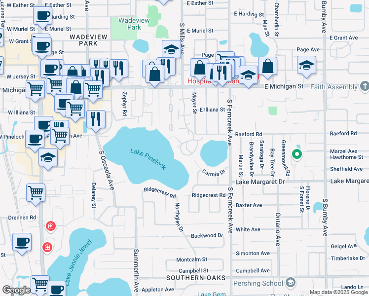 map of restaurants, bars, coffee shops, grocery stores, and more near 2929 Lake Pineloch Boulevard in Orlando