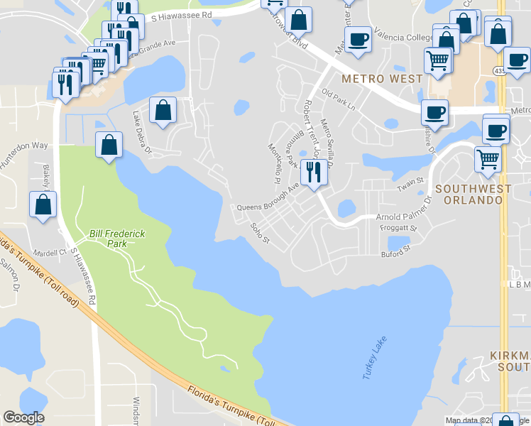 map of restaurants, bars, coffee shops, grocery stores, and more near 6663 Queens Borough Avenue in Orlando