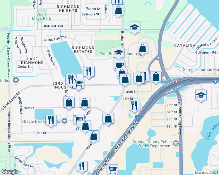 map of restaurants, bars, coffee shops, grocery stores, and more near 4102 L B McLeod Road in Orlando