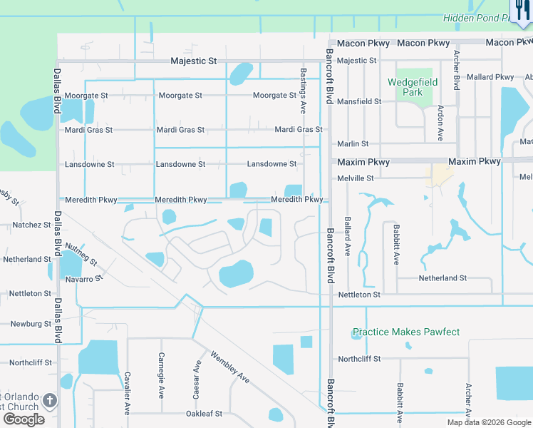 map of restaurants, bars, coffee shops, grocery stores, and more near 2725 Lyndscape Street in Orlando