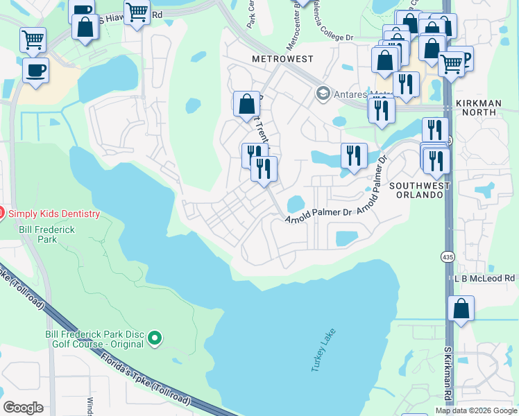 map of restaurants, bars, coffee shops, grocery stores, and more near 6400 Time Square Avenue in Orlando