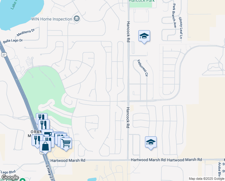 map of restaurants, bars, coffee shops, grocery stores, and more near 3831 Westerham Drive in Clermont