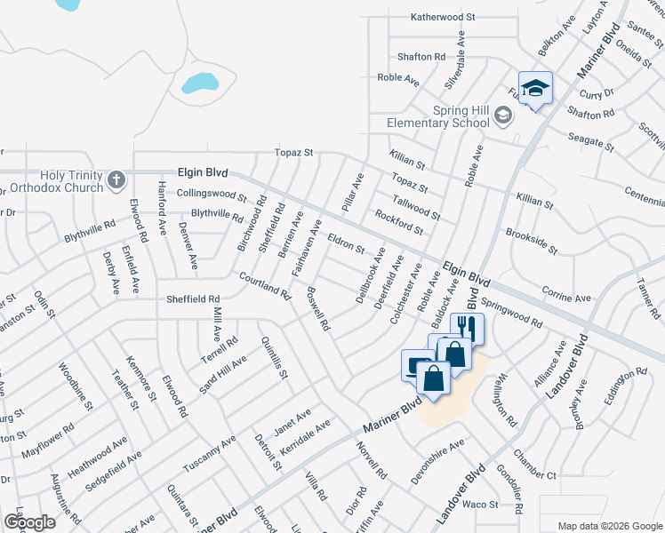 map of restaurants, bars, coffee shops, grocery stores, and more near 12033 Cradock Street in Spring Hill
