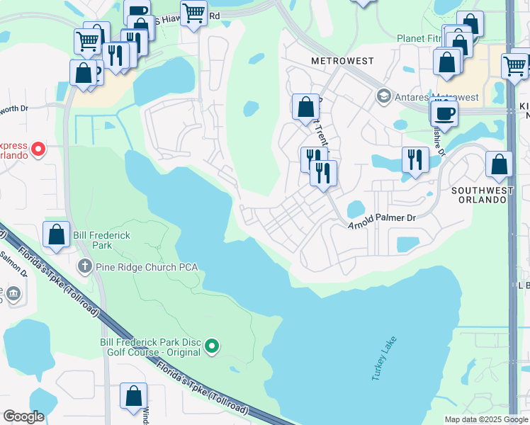 map of restaurants, bars, coffee shops, grocery stores, and more near 6663 Queens Borough Avenue in Orlando