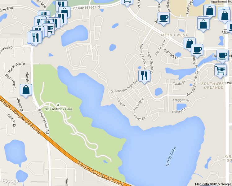 map of restaurants, bars, coffee shops, grocery stores, and more near 6663 Queens Borough Avenue in Orlando
