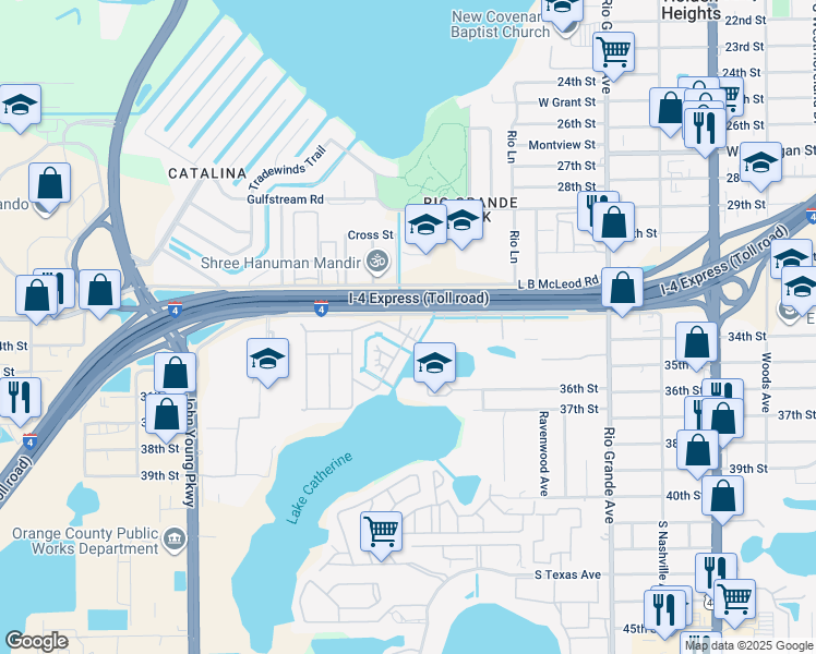 map of restaurants, bars, coffee shops, grocery stores, and more near 2000 33rd Street in Orlando