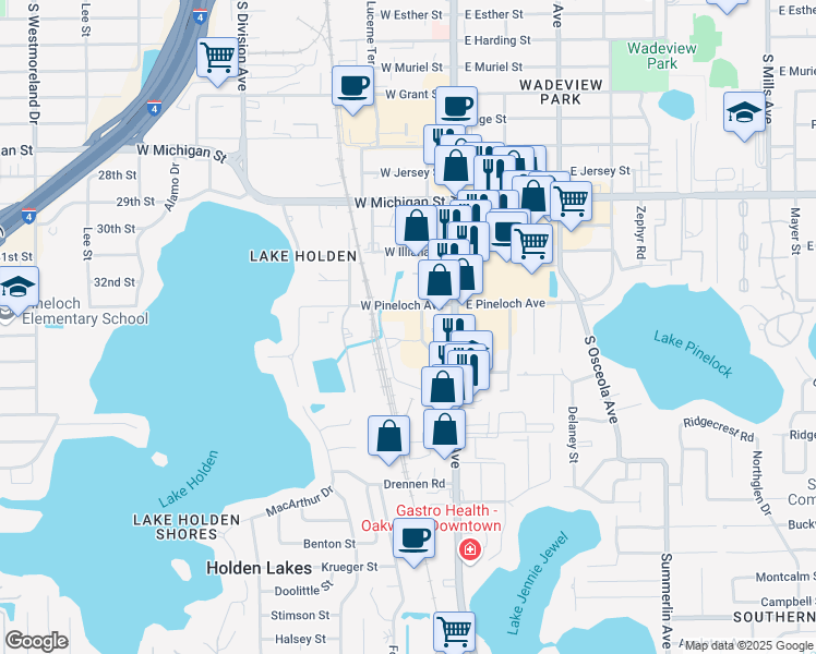 map of restaurants, bars, coffee shops, grocery stores, and more near 102 West Pineloch Avenue in Orlando