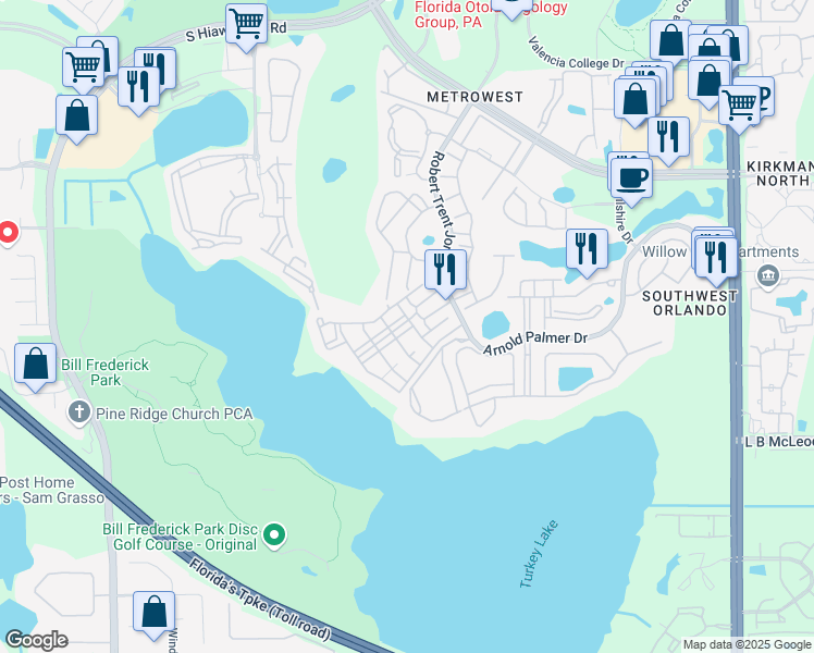 map of restaurants, bars, coffee shops, grocery stores, and more near 3202 Parkchester Square Boulevard in Orlando