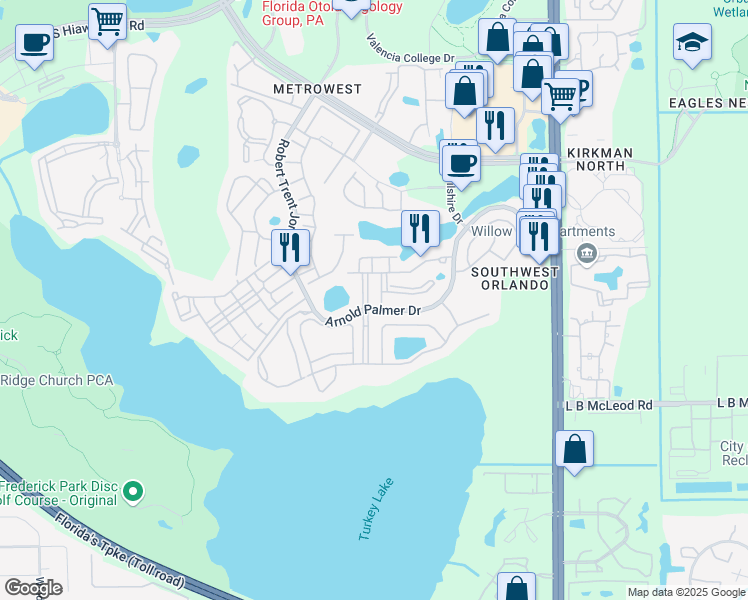 map of restaurants, bars, coffee shops, grocery stores, and more near 3190 Dante Drive in Orlando