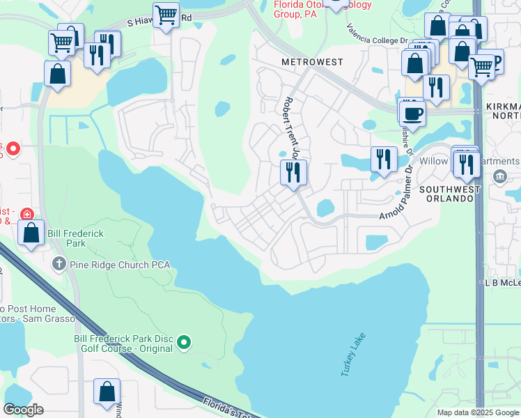 map of restaurants, bars, coffee shops, grocery stores, and more near 3202 Parkchester Square Boulevard in Orlando