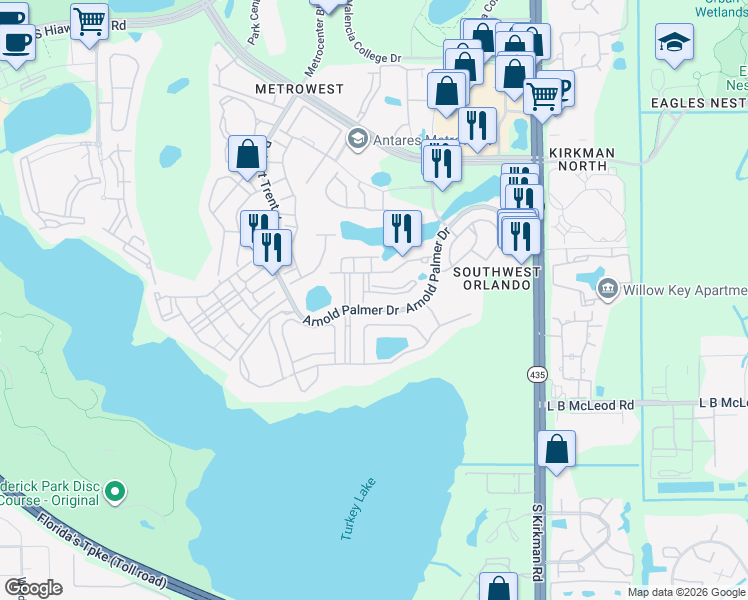 map of restaurants, bars, coffee shops, grocery stores, and more near 3190 Dante Drive in Orlando