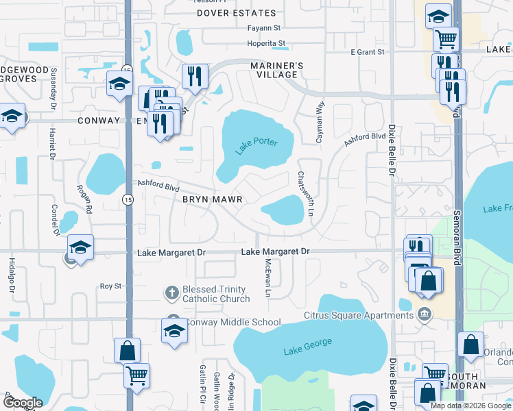 map of restaurants, bars, coffee shops, grocery stores, and more near 3405 Windy Wood Drive in Orlando