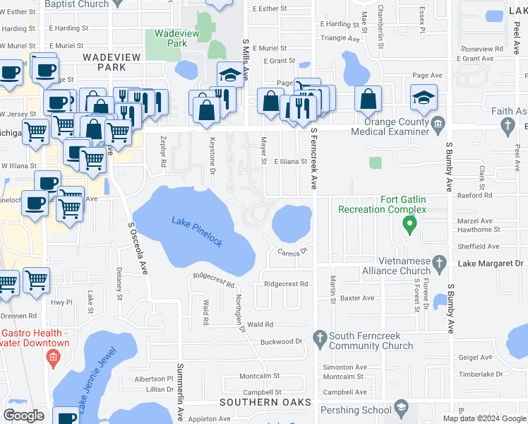 map of restaurants, bars, coffee shops, grocery stores, and more near 1263 Lake Willisara Circle in Orlando