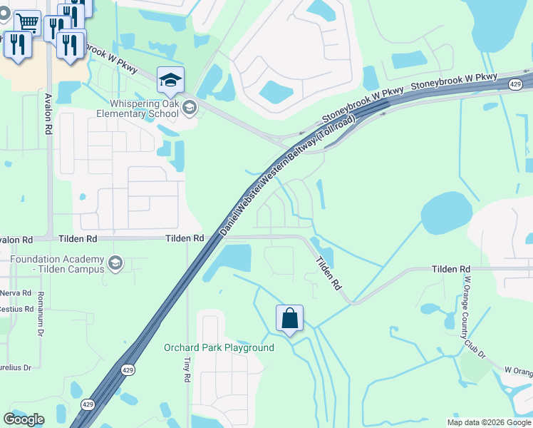 map of restaurants, bars, coffee shops, grocery stores, and more near 14656 Tullamore Loop in Winter Garden