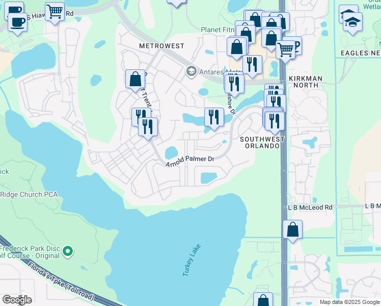 map of restaurants, bars, coffee shops, grocery stores, and more near 3190 Dante Drive in Orlando