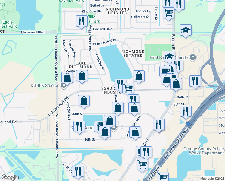 map of restaurants, bars, coffee shops, grocery stores, and more near 7261 Crossroads Court in Orlando