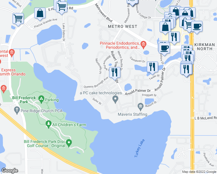 map of restaurants, bars, coffee shops, grocery stores, and more near 6400 Time Square Avenue in Orlando