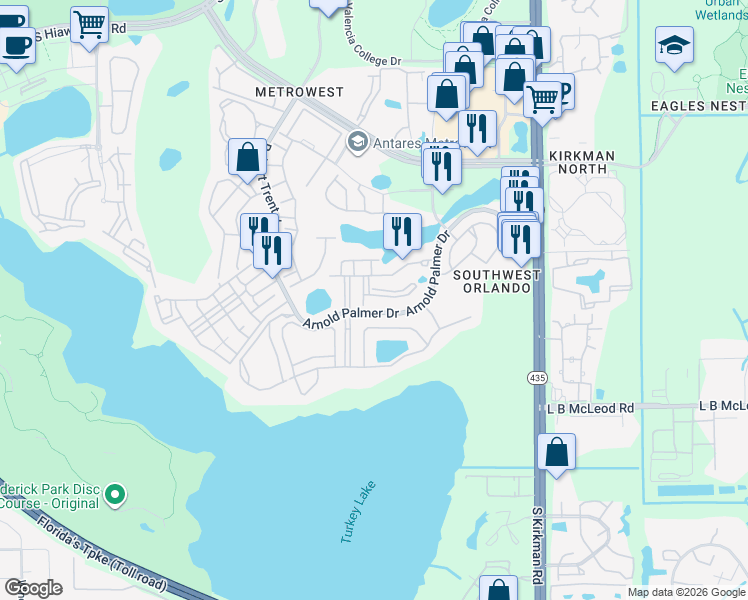 map of restaurants, bars, coffee shops, grocery stores, and more near 3190 Dante Drive in Orlando