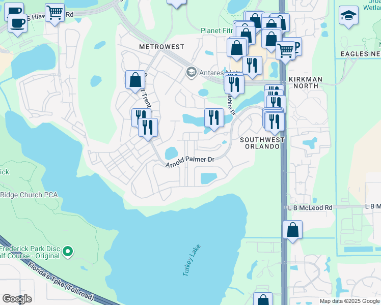 map of restaurants, bars, coffee shops, grocery stores, and more near 3190 Dante Drive in Orlando