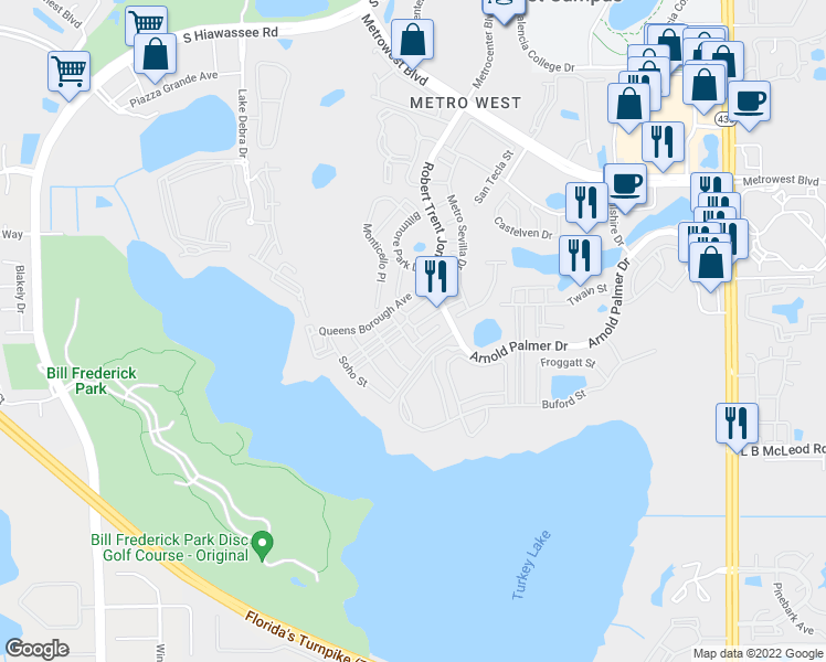 map of restaurants, bars, coffee shops, grocery stores, and more near 6400 Time Square Avenue in Orlando