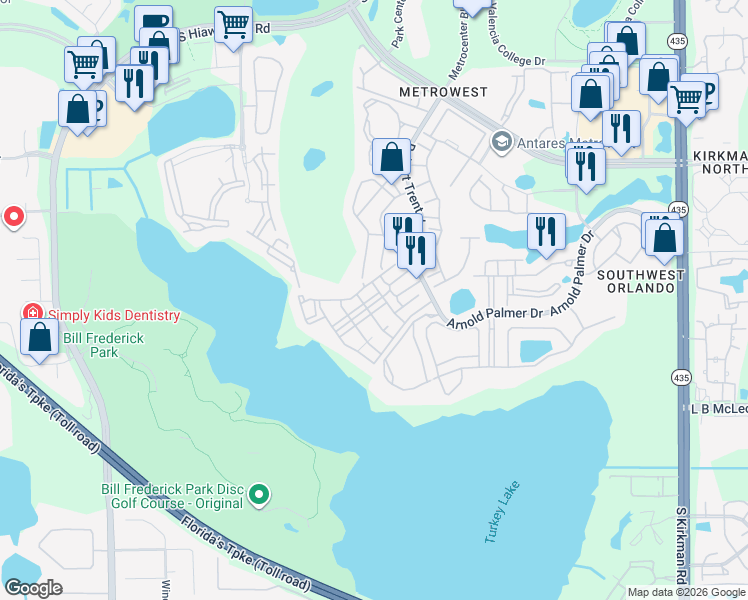 map of restaurants, bars, coffee shops, grocery stores, and more near 3202 Parkchester Square Boulevard in Orlando