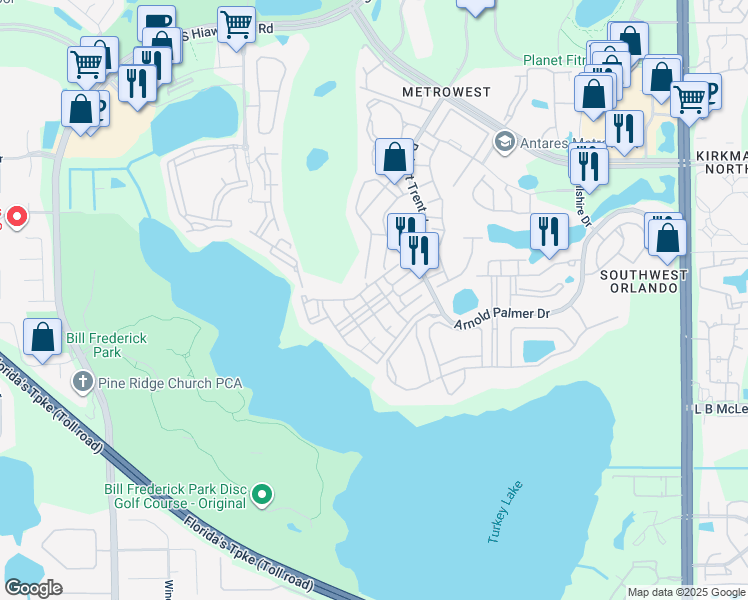 map of restaurants, bars, coffee shops, grocery stores, and more near 3202 Parkchester Square Boulevard in Orlando
