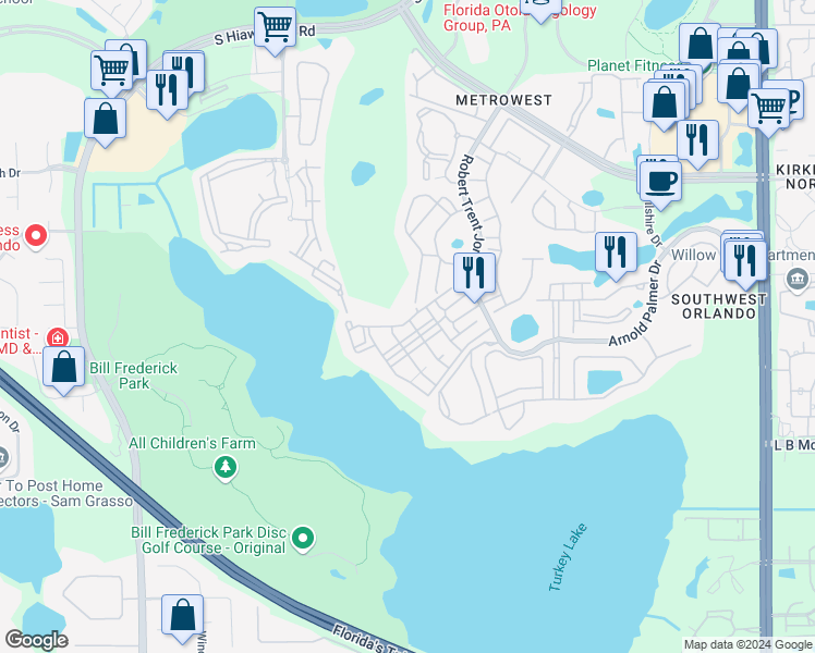 map of restaurants, bars, coffee shops, grocery stores, and more near 3202 Parkchester Square Boulevard in Orlando