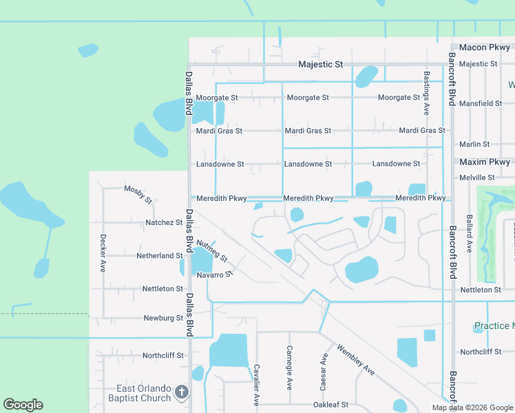 map of restaurants, bars, coffee shops, grocery stores, and more near 19220 Meredith Parkway in Orlando
