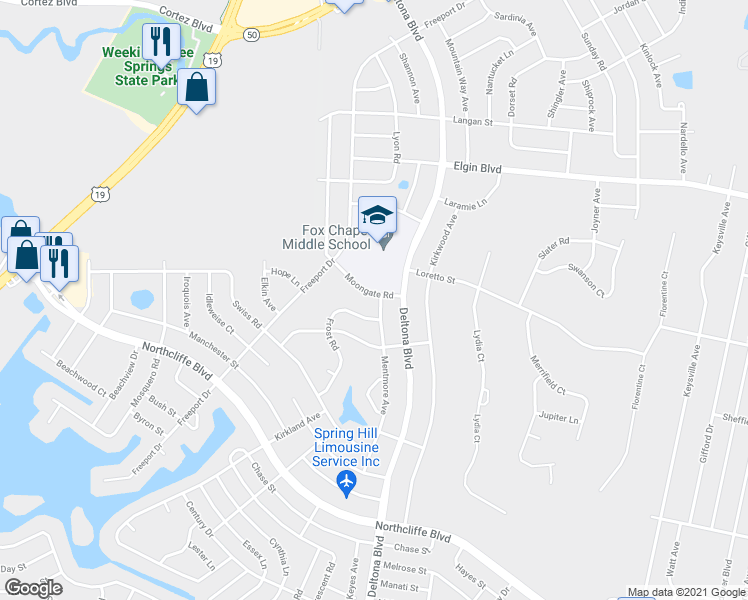 map of restaurants, bars, coffee shops, grocery stores, and more near 5319 Moongate Road in Spring Hill