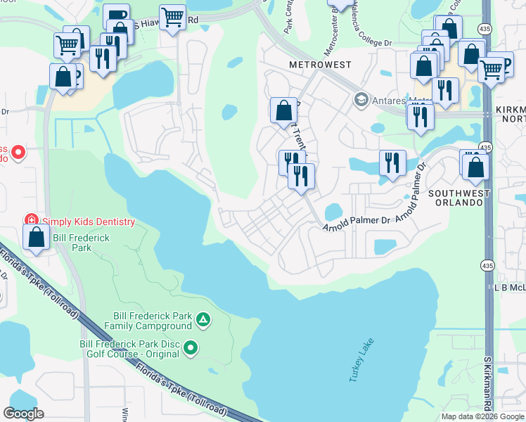 map of restaurants, bars, coffee shops, grocery stores, and more near 3202 Parkchester Square Boulevard in Orlando